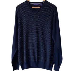 Alan Flusser V-Neck Navy Blue Speckled Thin Knit Cotton Sweater